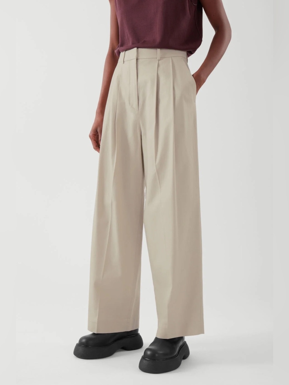 COS Beige Wide Leg Pleated Tailored Trousers Cotton Pants Beige Size 6
